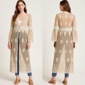 Sheer Embroidered Lace Duster - Neutral Beige/Cream